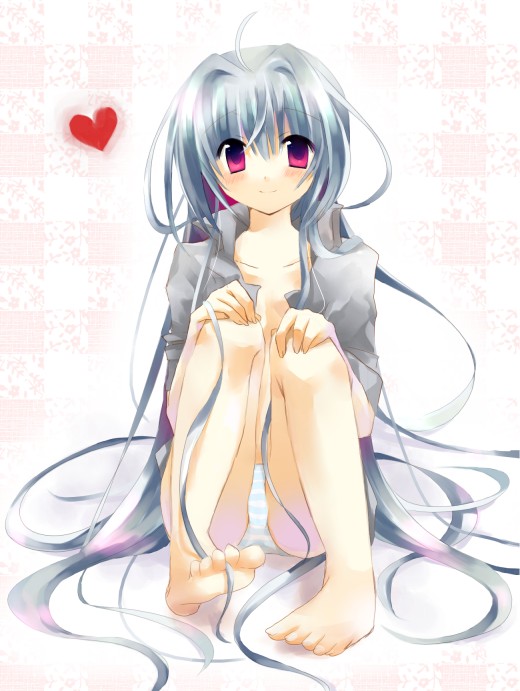 jin rikuri, original, silver hair, ahoge, barefoot, feet, heart, long hair, open clothes, open shirt, panties, purple eyes, red eyes, shirt, solo, striped clothes, striped panties, underwear, very long hair