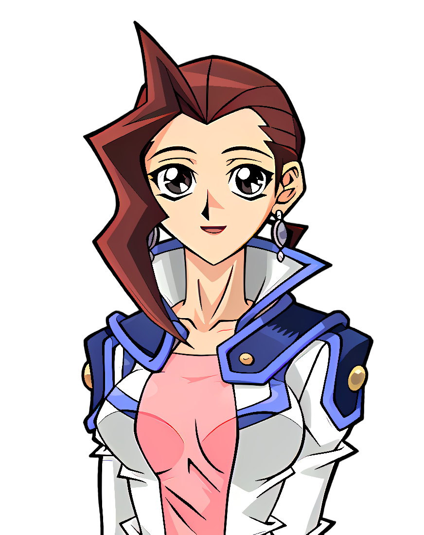 ayukawa emi, yu-gi-oh!, yu-gi-oh! gx, yu-gi-oh! tag force, official art, 00s, 1girl, breasts, brown hair, earrings, female focus, grey eyes, jacket, jewelry, lipstick, looking at viewer, makeup, obelisk blue uniform, open clothes, open jacket, open mouth, shiny skin, smile, solo, transparent background
