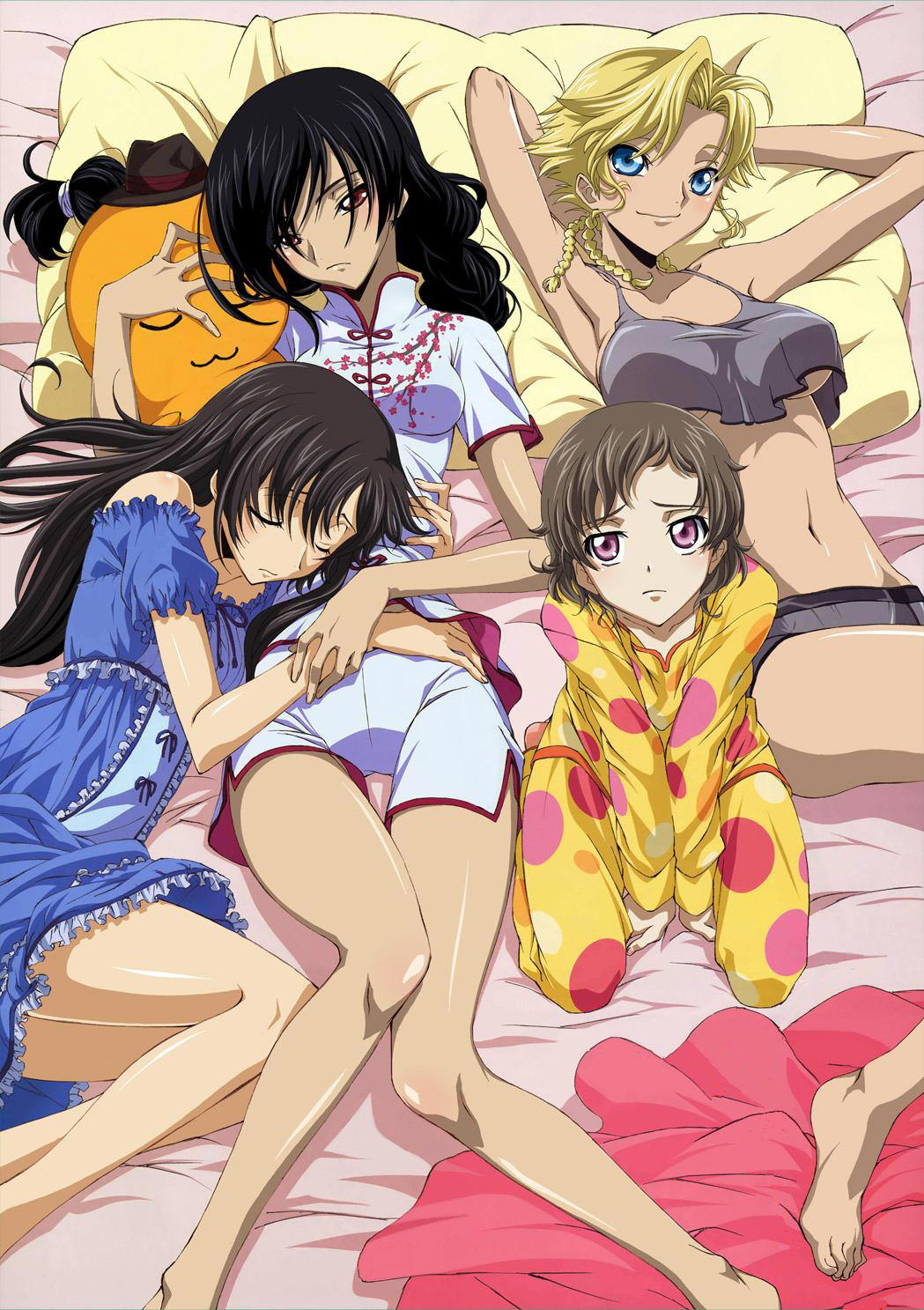 cheese-kun, gina weinberg, gino weinberg, lelouch vi britannia, li xingke, luluko, rolo lamperouge, roloko, code geass, pizza hut, corrupted metadata, gender request, highres, jpeg artifacts, third-party edit, 00s, 4girls, black hair, blonde hair, blue eyes, breasts, brown hair, female focus, genderswap, large breasts, long hair, lying, multiple girls, pajamas, pink eyes, red eyes, short hair, sleeping, smile