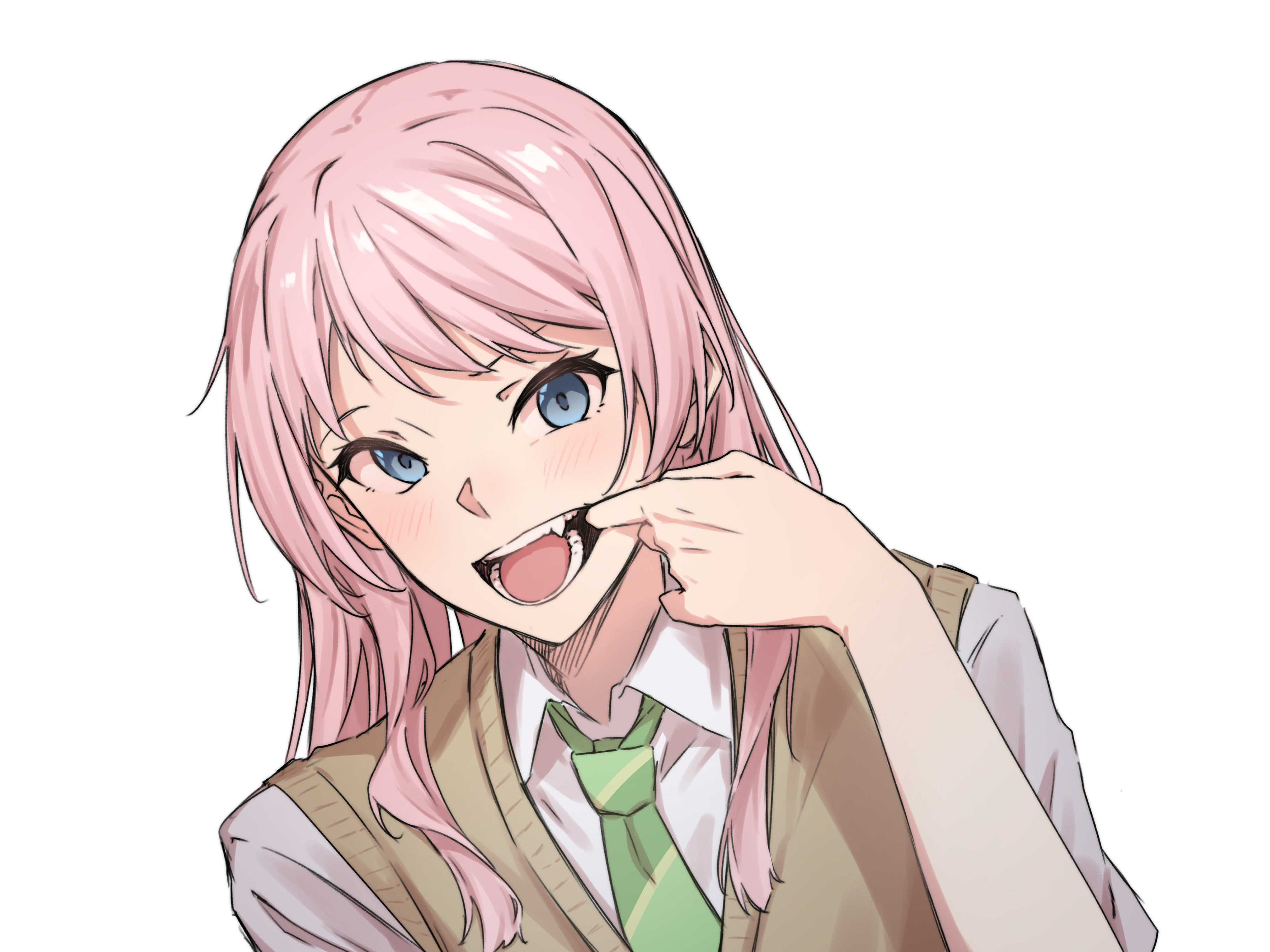 kanade (kanade 3344), chihaya anon, bang dream!, bang dream! it's mygo!!!!!, absurdres, commentary, highres, translation request, 1girl, blue eyes, blush, brown sweater vest, collared shirt, diagonal-striped clothes, diagonal-striped necktie, fang, green necktie, haneoka school uniform, long hair, looking at viewer, mouth pull, necktie, open mouth, pink hair, school uniform, shirt, simple background, solo, striped clothes, sweater vest, teeth, upper body, white background, white shirt