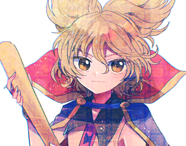 itomugi-kun, toyosatomimi no miko, touhou, 1girl, brown eyes, brown hair, cape, earmuffs, hat, looking at viewer, medium hair, ofuda, ofuda on clothes, pointy hair, purple cape, ritual baton, shirt, sleeveless, sleeveless shirt, smile, solo, white background