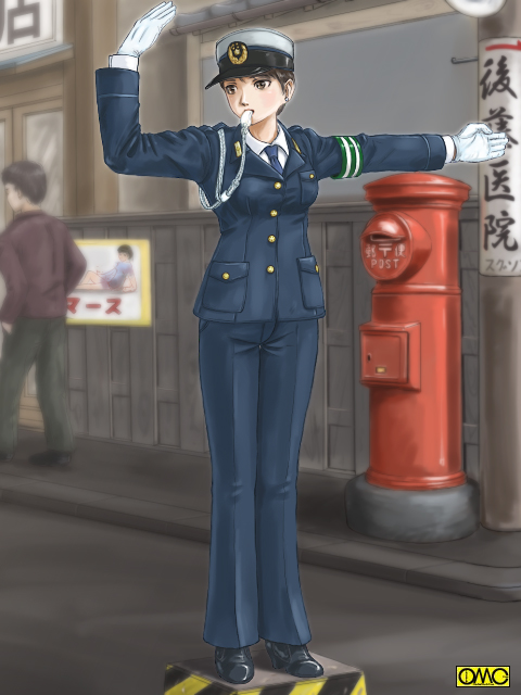 1girl, black eyes, black hair, gloves, hat, japan national police, japanese postal mark, police, police uniform, policewoman, postbox, short hair, skirt, traffic officer, traffic warden, type51, whistle