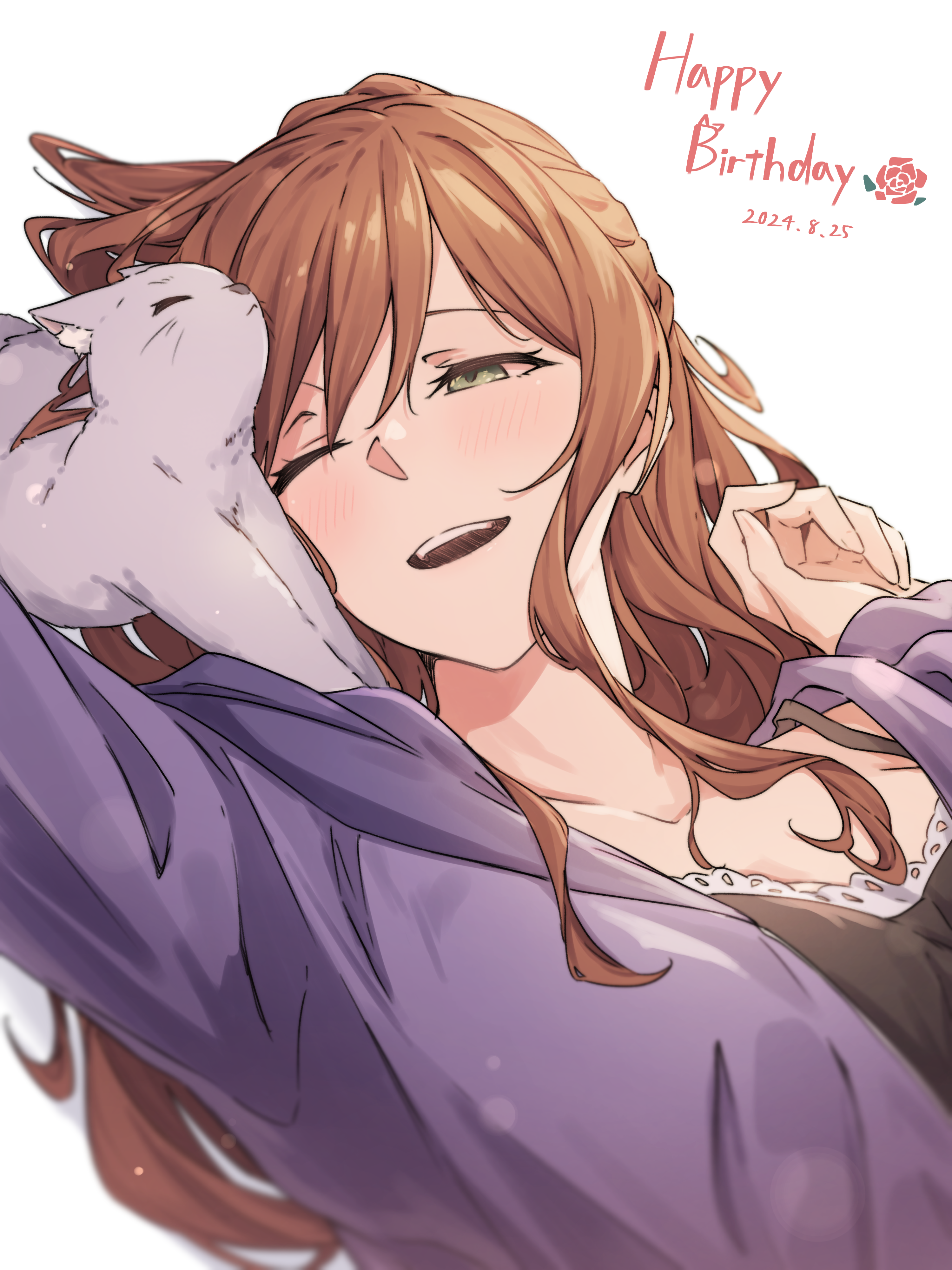 kanade (kanade 3344), imai lisa, minato yukina, bang dream!, absurdres, commentary, highres, 1girl, animalization, black camisole, blush, brown hair, camisole, cat, dated, green eyes, happy birthday, jacket, long hair, one eye closed, open mouth, purple jacket, sidelocks, simple background, solo, spaghetti strap, teeth, upper body, upper teeth only, white background