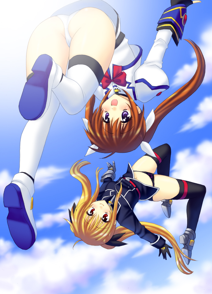 saki chisuzu, fate testarossa, fate testarossa (impulse form), takamachi nanoha, takamachi nanoha (aggressor mode), lyrical nanoha, mahou shoujo lyrical nanoha, mahou shoujo lyrical nanoha strikers, 00s, 2girls, ass, blonde hair, blush, brown hair, cameltoe, cloud, day, gloves, long hair, looking at viewer, magical girl, midriff, multiple girls, navel, open mouth, panties, purple eyes, red eyes, sky, smile, thighhighs, twintails, underwear, upside-down, white panties