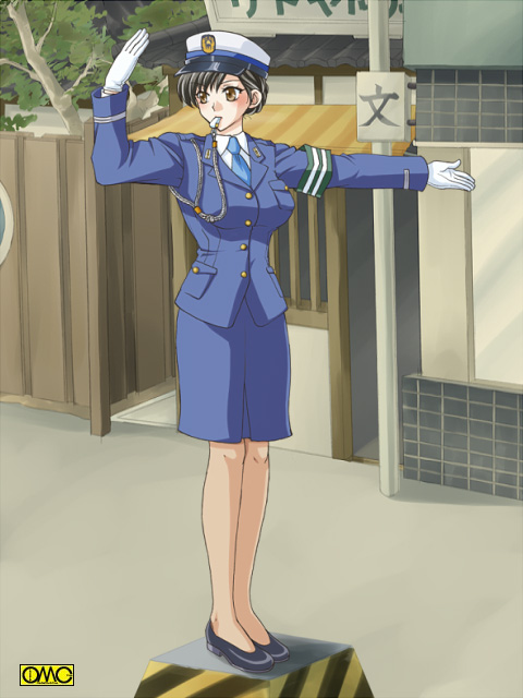 1girl, black eyes, black hair, brown eyes, female focus, gloves, hat, japan national police, pantyhose, pencil skirt, police, police uniform, policewoman, skirt, solo, traffic officer, traffic warden, type51, whistle