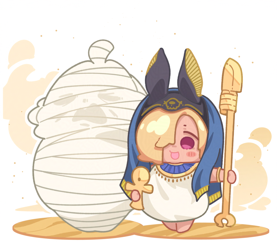 takato kurosuke, shirasaka koume, yumemi riamu, idolmaster, idolmaster cinderella girls, commentary, symbol-only commentary, 2girls, ahoge, ancient egyptian clothes, ankh, blonde hair, blush stickers, bracelet, chibi, dress, full body, hair over one eye, holding, holding polearm, holding weapon, jewelry, multiple girls, mummification (bound), open mouth, polearm, red eyes, smile, standing, weapon