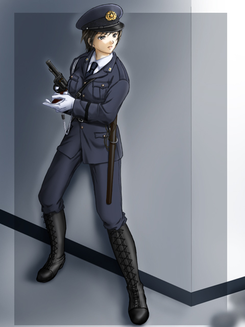 1girl, boots, female focus, gloves, gun, handgun, japan national police, pistol, police, police uniform, policewoman, revolver, solo, type43, weapon