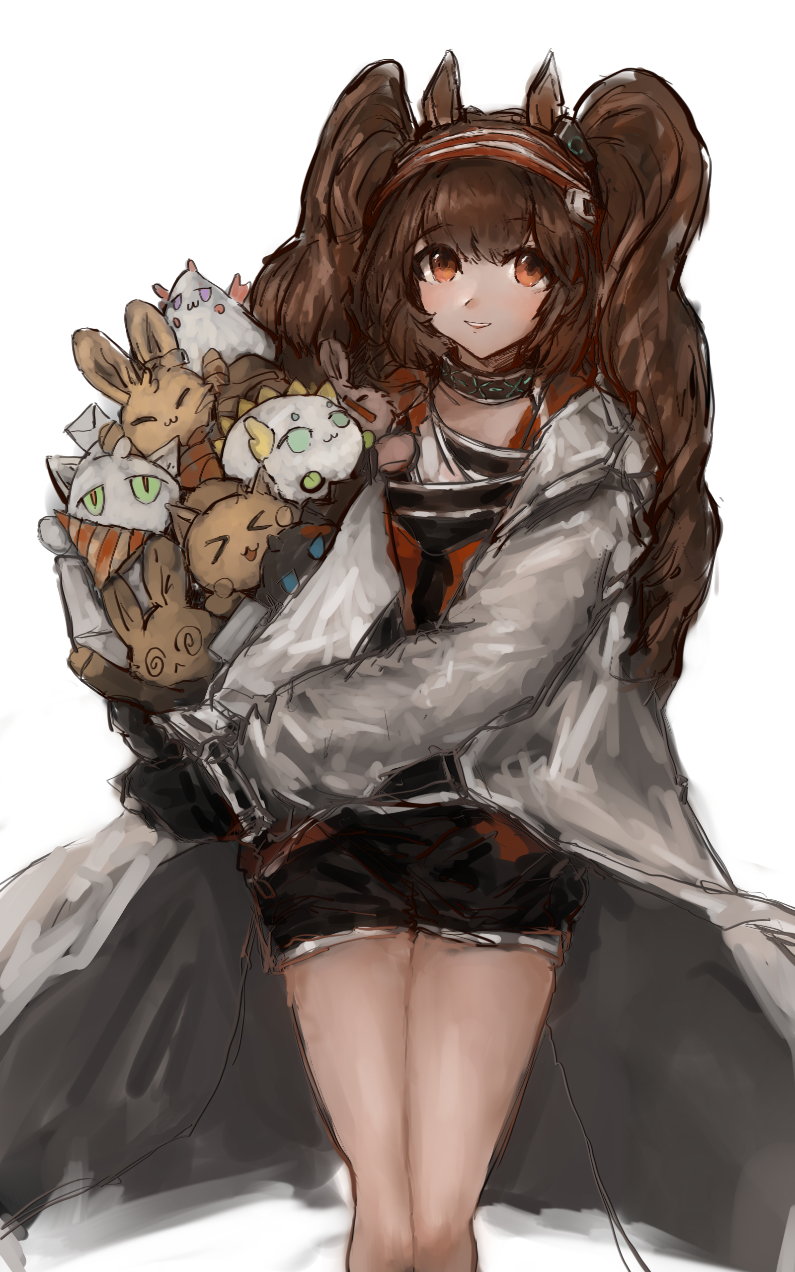 amiya (arknights), angelina (arknights), blaze (arknights), infection monitor (arknights), kal'tsit (arknights), nian (arknights), shu (arknights), arknights, absurdres, character request, check character, highres, 1girl, animal ears, ba qi da ge, black collar, black shirt, black shorts, brown hair, choshanland plushy (arknights), coat, collar, cowboy shot, dot nose, dragon bubble (arknights), envelope, film grain, fox ears, fox girl, hairband, hat, holding, jacket, long hair, looking at viewer, no tail, open clothes, open coat, open jacket, orange eyes, party hat, red hairband, red jacket, shirt, short shorts, shorts, sidelocks, simple background, smile, solo, striped clothes, striped hairband, teeth, twintails, two-tone hairband, upper teeth only, white background, white coat