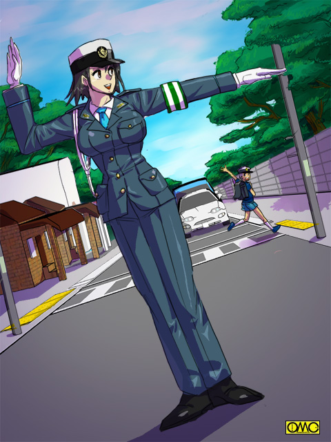 black eyes, black hair, brown eyes, gloves, hat, japan national police, police, police uniform, policewoman, short hair, skirt, solo, traffic officer, traffic warden, type51, whistle