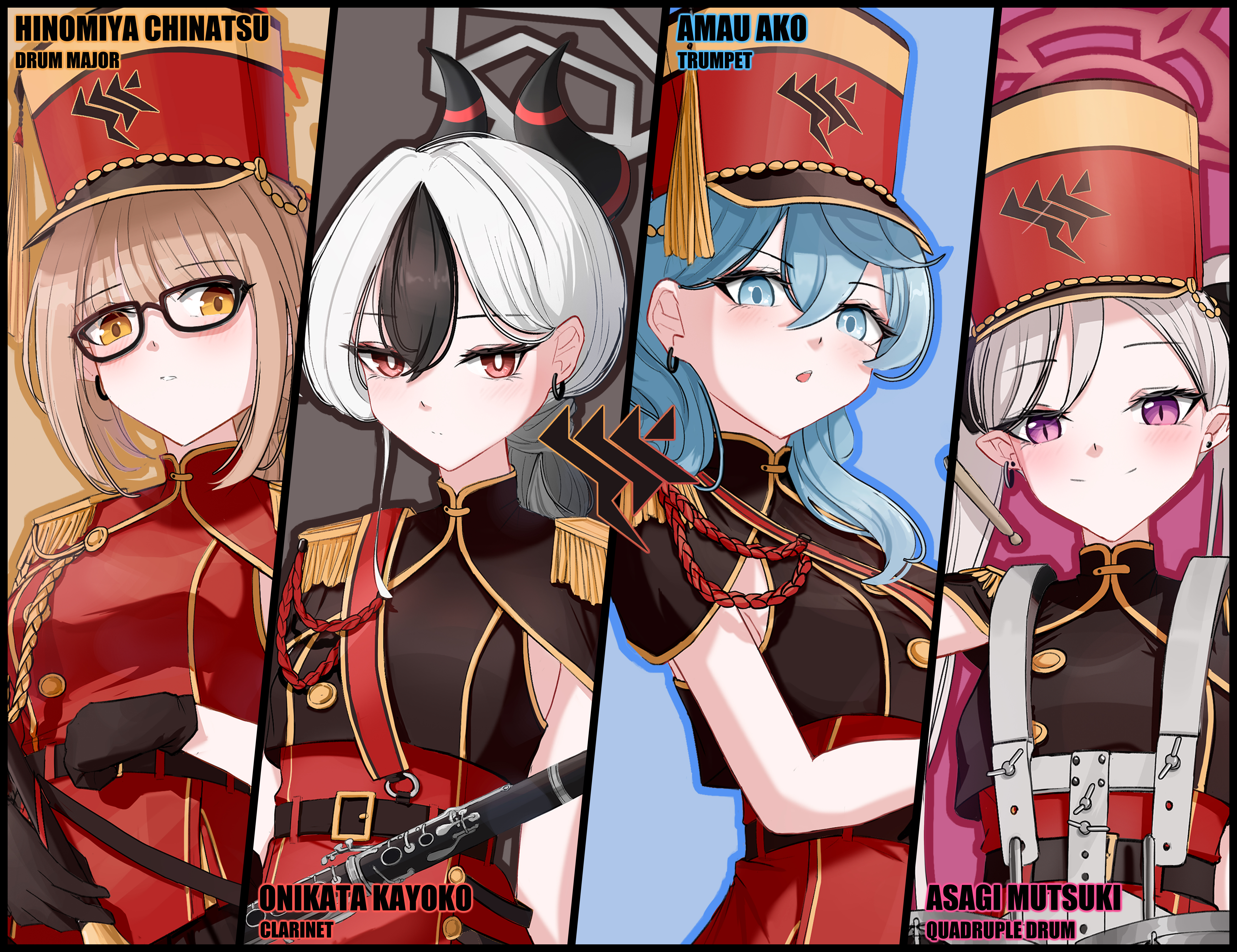hit by hit, ako (blue archive), chinatsu (blue archive), kayoko (blue archive), mutsuki (blue archive), blue archive, absurdres, highres, 4girls, alternate costume, alternate hairstyle, arms behind back, black capelet, black gloves, black hair, black shirt, blue eyes, blue hair, brown hair, capelet, closed mouth, drum, drumsticks, glasses, gloves, grey halo, hair behind ear, hair between eyes, halo, hat, holding, holding drumsticks, holding instrument, holding trumpet, holding unworn clothes, holding unworn hat, instrument, long hair, looking at viewer, low ponytail, multicolored hair, multiple girls, open mouth, pointy ears, ponytail, purple eyes, red capelet, red halo, red hat, red shirt, red skirt, shirt, sidelocks, skirt, sleeveless, sleeveless shirt, smile, trumpet, twintails, two-tone hair, unworn hat, unworn headwear, white hair, yellow eyes
