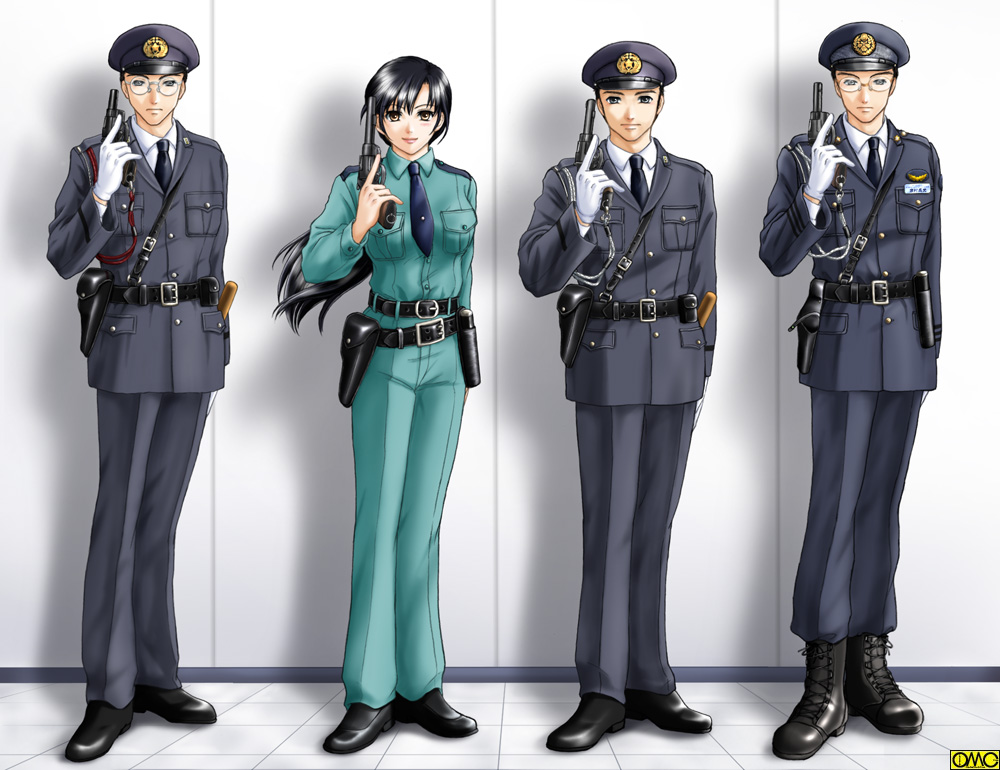1girl, 3boys, boots, glasses, gloves, gun, handgun, japan national police, multiple boys, police, police uniform, policeman, policewoman, railway police, revolver, sheriff, type43, weapon