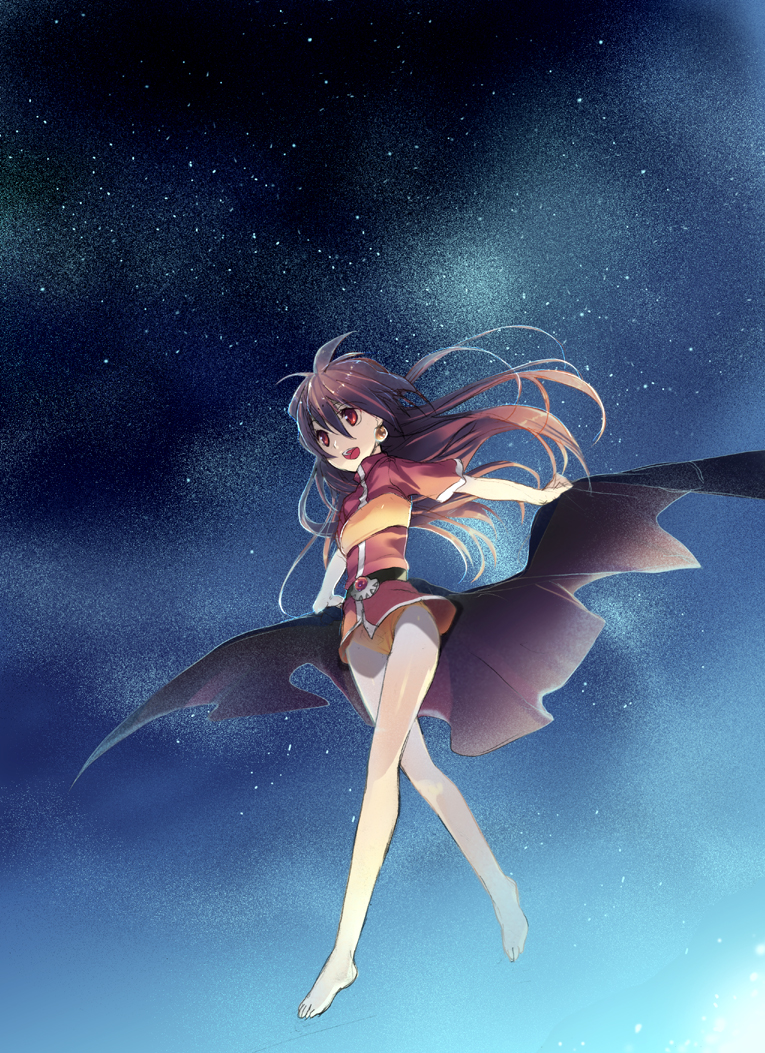 kaimuari, lina inverse, slayers, bad id, bad pixiv id, 1girl, barefoot, brown hair, cape, dress, feet, female focus, flat chest, floating hair, long hair, night, night sky, panties, pantyshot, red eyes, sky, solo, space, star (symbol), underwear