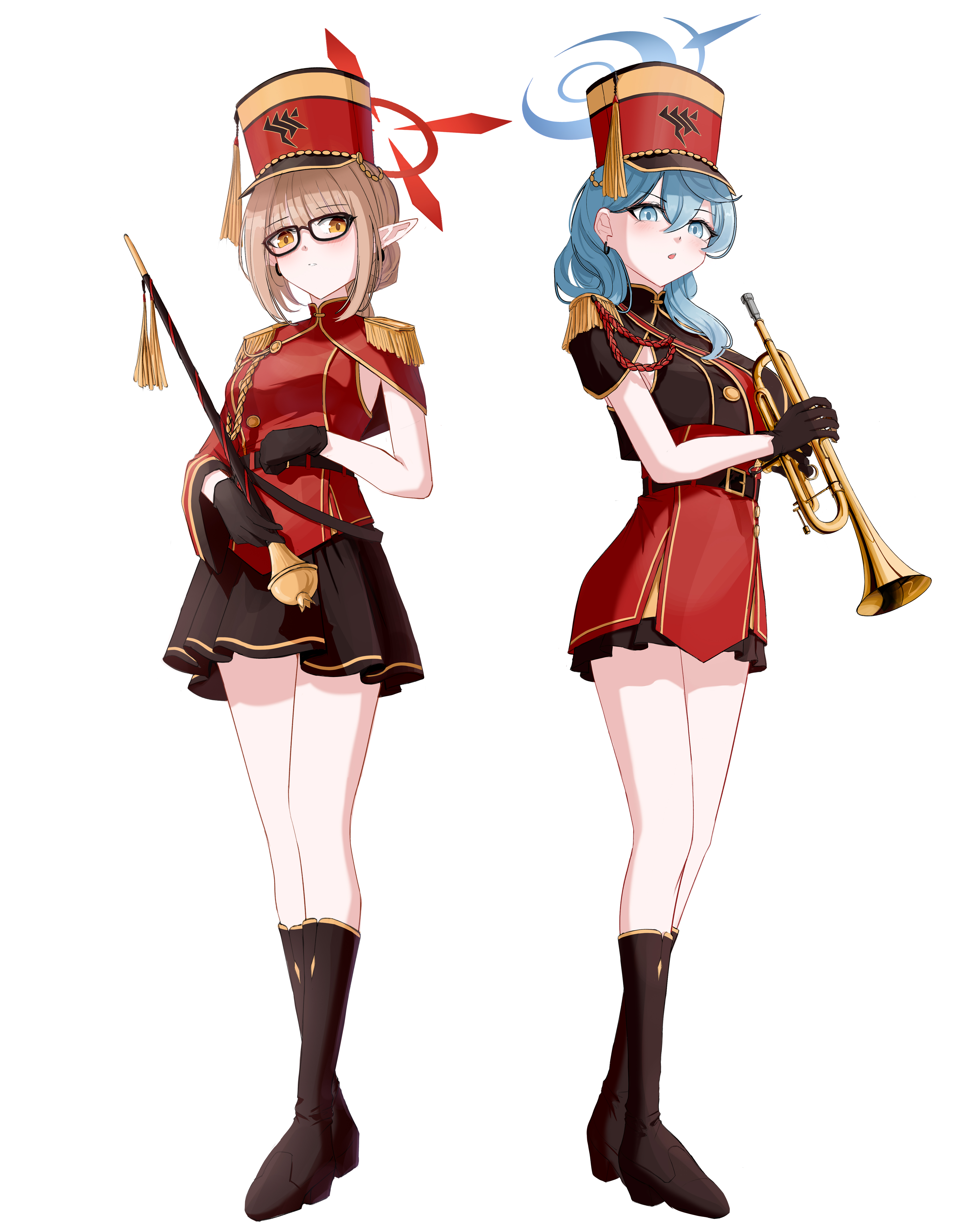 hit by hit, ako (blue archive), chinatsu (blue archive), blue archive, absurdres, highres, 2girls, alternate costume, black boots, black capelet, black gloves, black skirt, blue eyes, blue hair, boots, brown hair, capelet, glasses, gloves, hair between eyes, halo, hat, holding, holding instrument, holding stick, holding trumpet, instrument, knee boots, long hair, looking at viewer, marching band, multiple girls, open mouth, pointy ears, red capelet, red halo, red hat, red shirt, red skirt, shirt, sidelocks, skirt, sleeveless, sleeveless shirt, stick, trumpet, yellow eyes