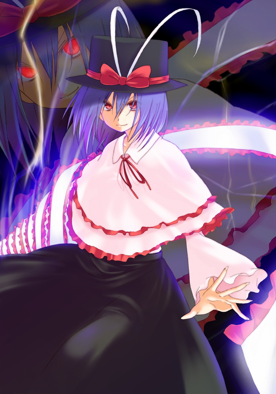 nigo (aozoragarou), nagae iku, touhou, highres, 1girl, female focus, glowing, glowing eyes, red eyes, solo, standing