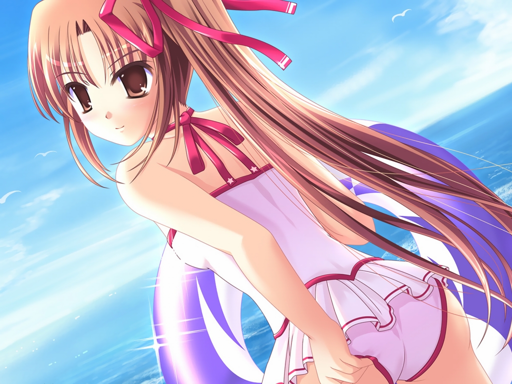 non-web source, 1girl, brown eyes, brown hair, casual one-piece swimsuit, choker, day, female focus, innertube, ocean, one-piece swimsuit, outdoors, ponytail, sky, solo, swim ring, swimsuit