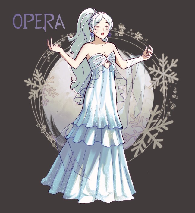 de b0o, weiss schnee, rwby, commentary, english commentary, 1girl, alternate costume, bare shoulders, closed eyes, collarbone, dress, english text, full body, long hair, open mouth, ponytail, scar, scar across eye, scar on face, solo, white dress, white hair