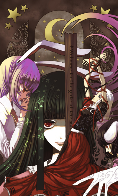 rinka, houraisan kaguya, inaba tewi, reisen udongein inaba, yagokoro eirin, touhou, 4girls, animal ears, black hair, female focus, moon, multiple girls, pentagram, purple hair, rabbit ears, red eyes, sky, standing, star (symbol), white hair