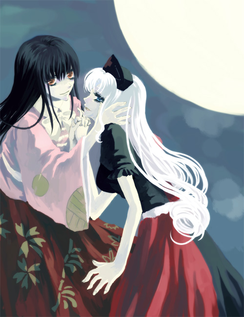 rinka, houraisan kaguya, yagokoro eirin, touhou, silver hair, 2girls, black hair, female focus, hat, long hair, multiple girls