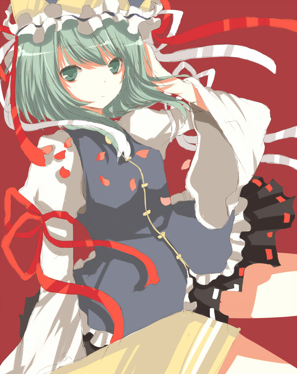 tetsuo (tashirosu), shiki eiki, touhou, 1girl, female focus, green eyes, green hair, matching hair/eyes, petals, ribbon-trimmed skirt, ribbon trim, solo