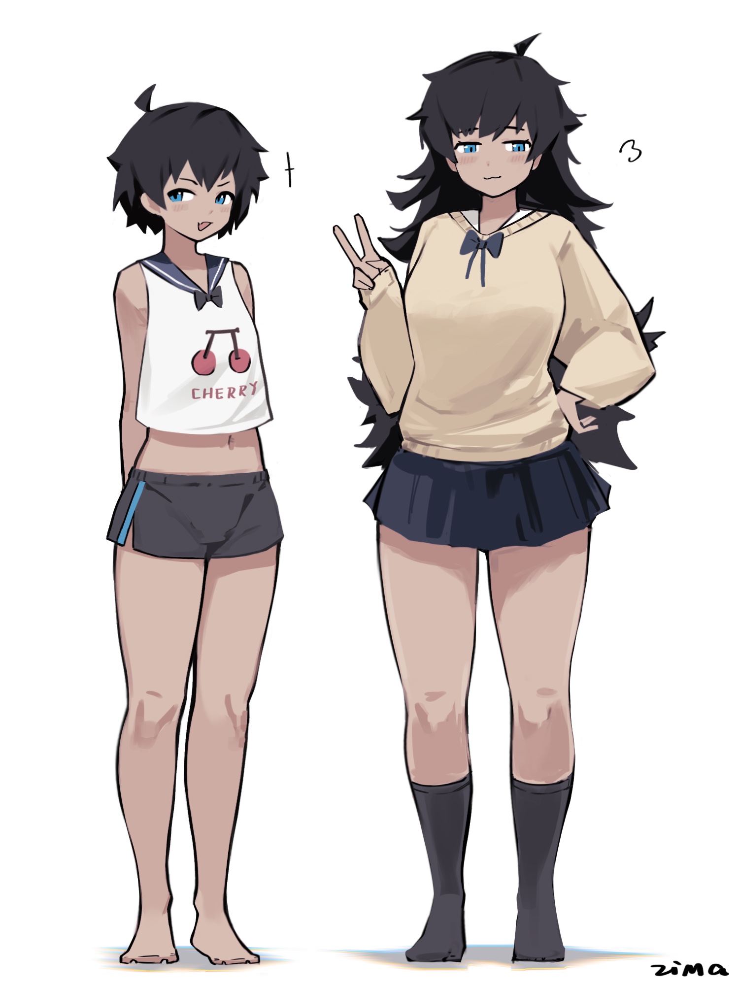 baisebandaoti1, original, commentary, highres, 2girls, :3, ahoge, arms behind back, barefoot, black bow, black hair, black shorts, black skirt, black socks, blue eyes, blue sailor collar, bow, breasts, cherry print, clothes writing, collared shirt, dark-skinned female, dark skin, fang, food print, fruit print, full body, hand on own hip, long hair, midriff, multiple girls, navel, open mouth, sailor collar, shirt, short hair, shorts, simple background, skin fang, skirt, sleeveless, sleeveless shirt, smile, socks, standing, sweater, tomboy, v, very short hair, white background, white shirt, yellow sweater