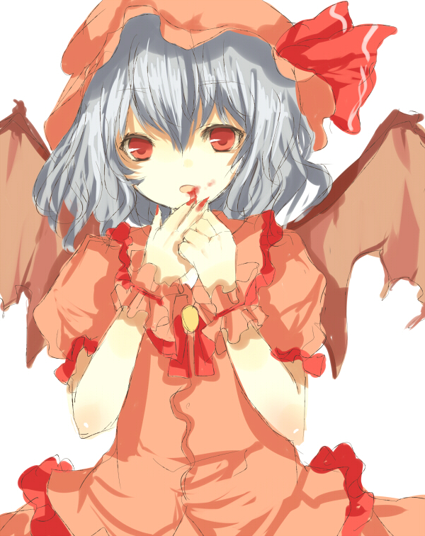 tetsuo (tashirosu), remilia scarlet, touhou, silver hair, 1girl, collar, cowboy shot, dress, female focus, frills, hat, hat ribbon, looking at viewer, puffy short sleeves, puffy sleeves, red dress, red eyes, red ribbon, ribbon, short hair, short sleeves, simple background, solo, white background