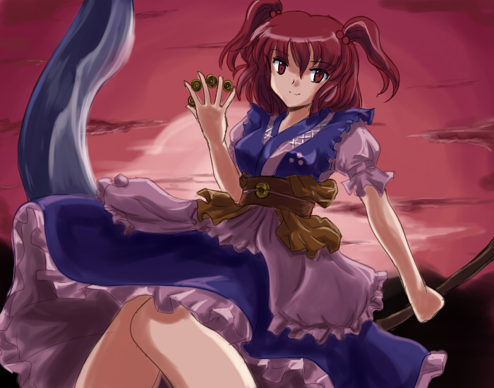flx, onozuka komachi, touhou, 1girl, between fingers, breasts, cloud, coin, female focus, frills, hair bobbles, hair ornament, holding, looking at viewer, moon, puffy short sleeves, puffy sleeves, red eyes, red hair, sash, scythe, short hair, short sleeves, sitting, sitting on object, skirt, skirt set, solo, sunset, twintails, two side up