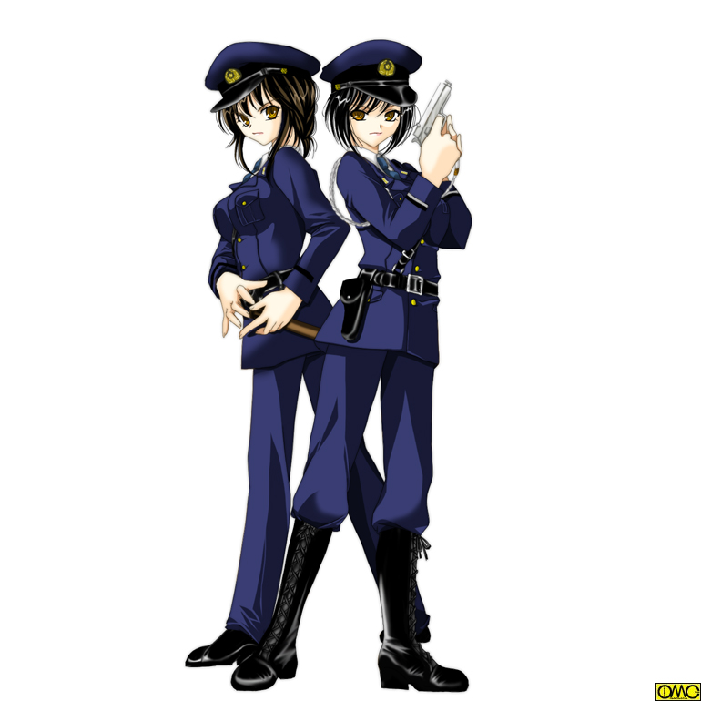 2girls, boots, gloves, gun, handgun, japan national police, multiple girls, pistol, police, police uniform, policewoman, revolver, type43, weapon