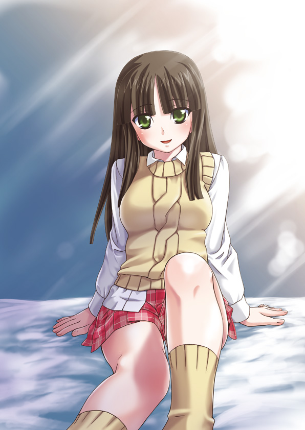hikabe sakuho, shinozuka arashi, gad guard, 00s, 1girl, aran sweater, arm support, bed, blush, brown hair, cable knit, female focus, foreshortening, green eyes, legs, long hair, looking at viewer, sitting, skirt, smile, socks, solo, sweater, sweater vest