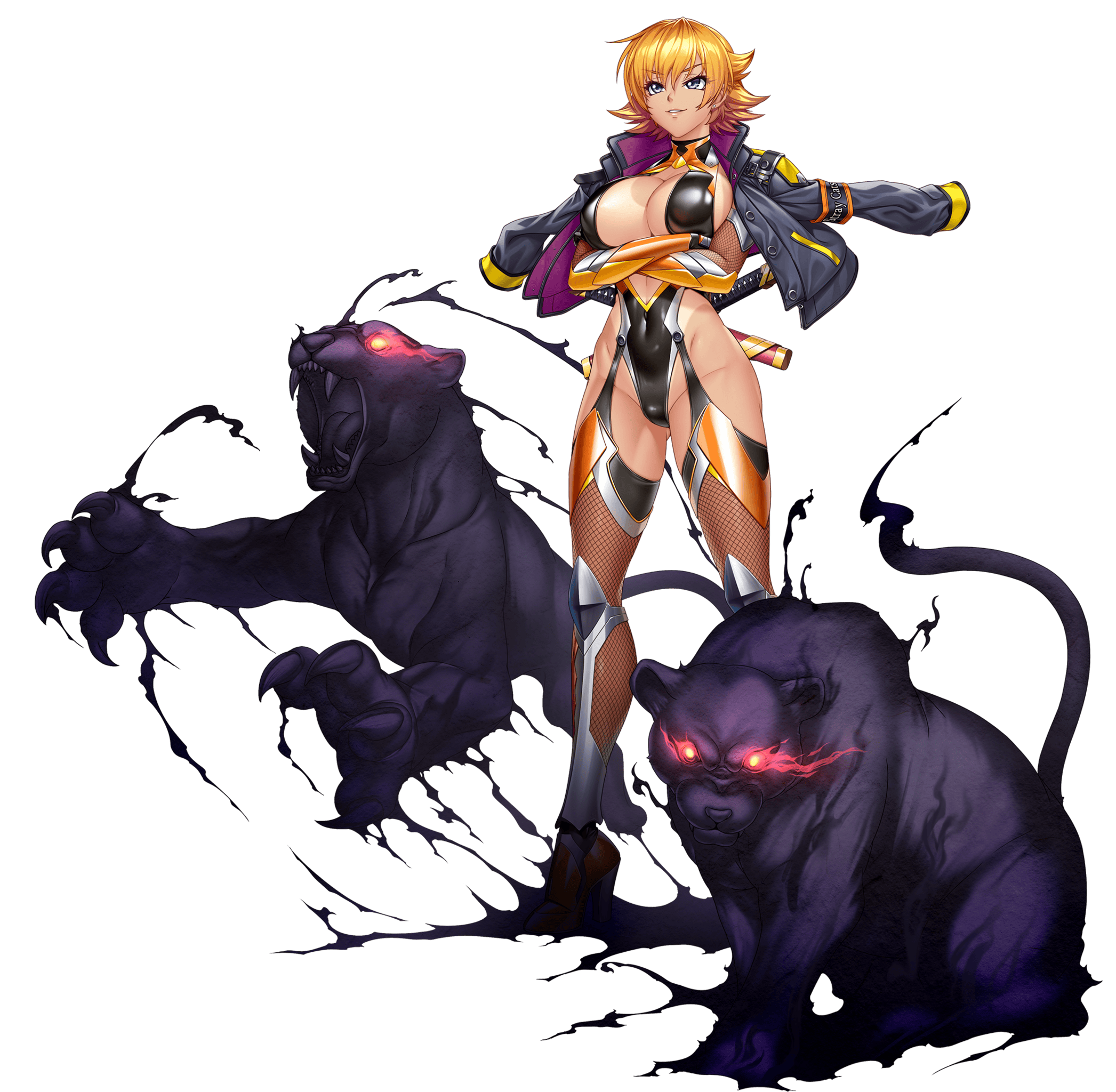 kagami hirotaka, igawa sakura, lilith-soft, taimanin (series), taimanin asagi, taimanin rpgx, highres, official art, 1girl, 2others, armored boots, bare shoulders, black gloves, black leotard, blonde hair, blue eyes, blush, boots, breasts, cleavage cutout, clothing cutout, covered navel, crossed arms, curvy, dark-skinned female, dark skin, female focus, full body, gloves, glowing, glowing eyes, highleg, highleg leotard, impossible clothes, impossible leotard, jacket, jacket on shoulders, large breasts, leotard, lips, multiple others, open clothes, open jacket, revealing clothes, shiny skin, short hair, simple background, skin tight, smile, spirit, standing, taimanin suit, tan, tanline, thighhighs, thong leotard, transparent background, wide hips