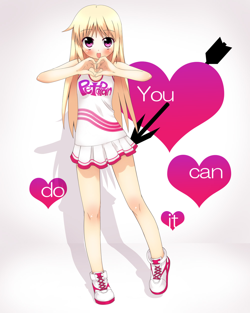 akino sora, original, highres, blonde hair, blush, cheerleader, heart, heart hands, long hair, pink eyes, skirt, solo