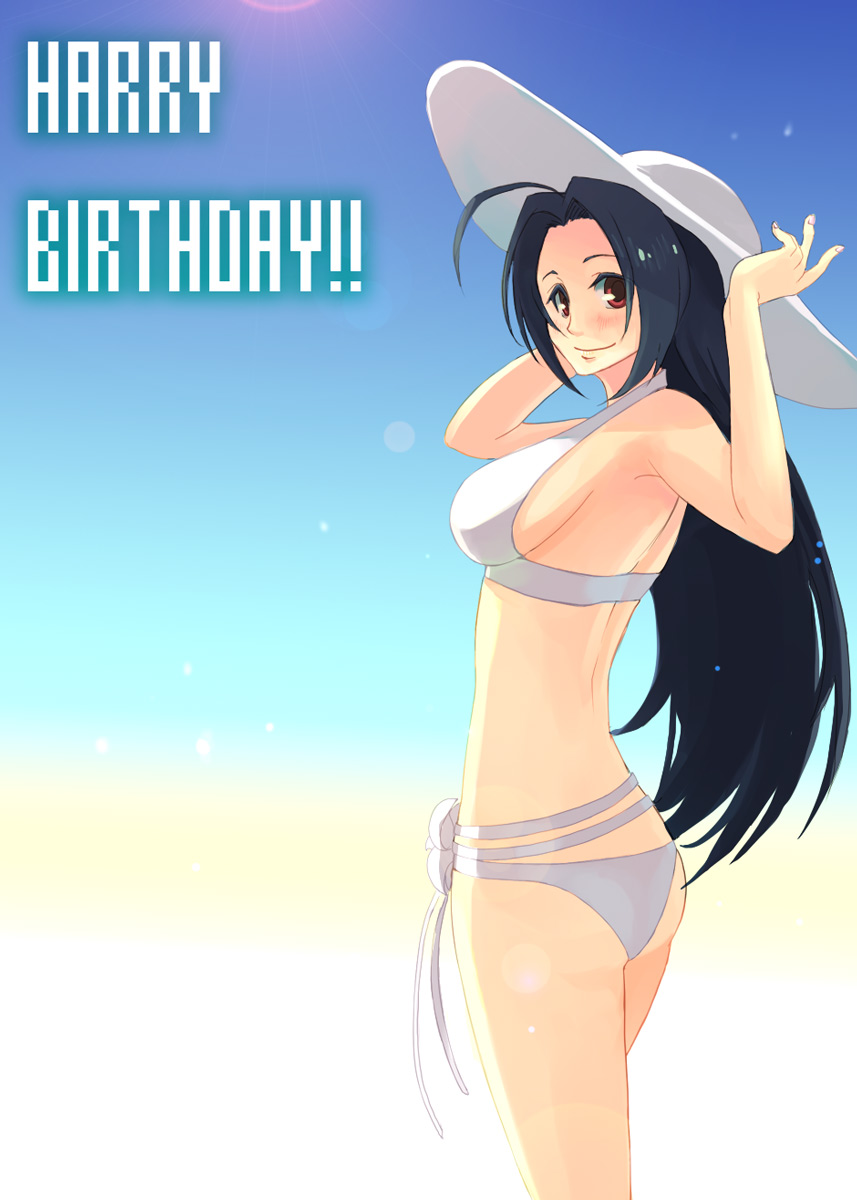 murai shinobu, miura azusa, idolmaster, idolmaster (classic), highres, 00s, 1girl, ass, back, bikini, blue hair, breasts, english text, engrish text, female focus, flat ass, hat, long hair, looking back, medium breasts, ranguage, red eyes, sideboob, smile, solo, swimsuit