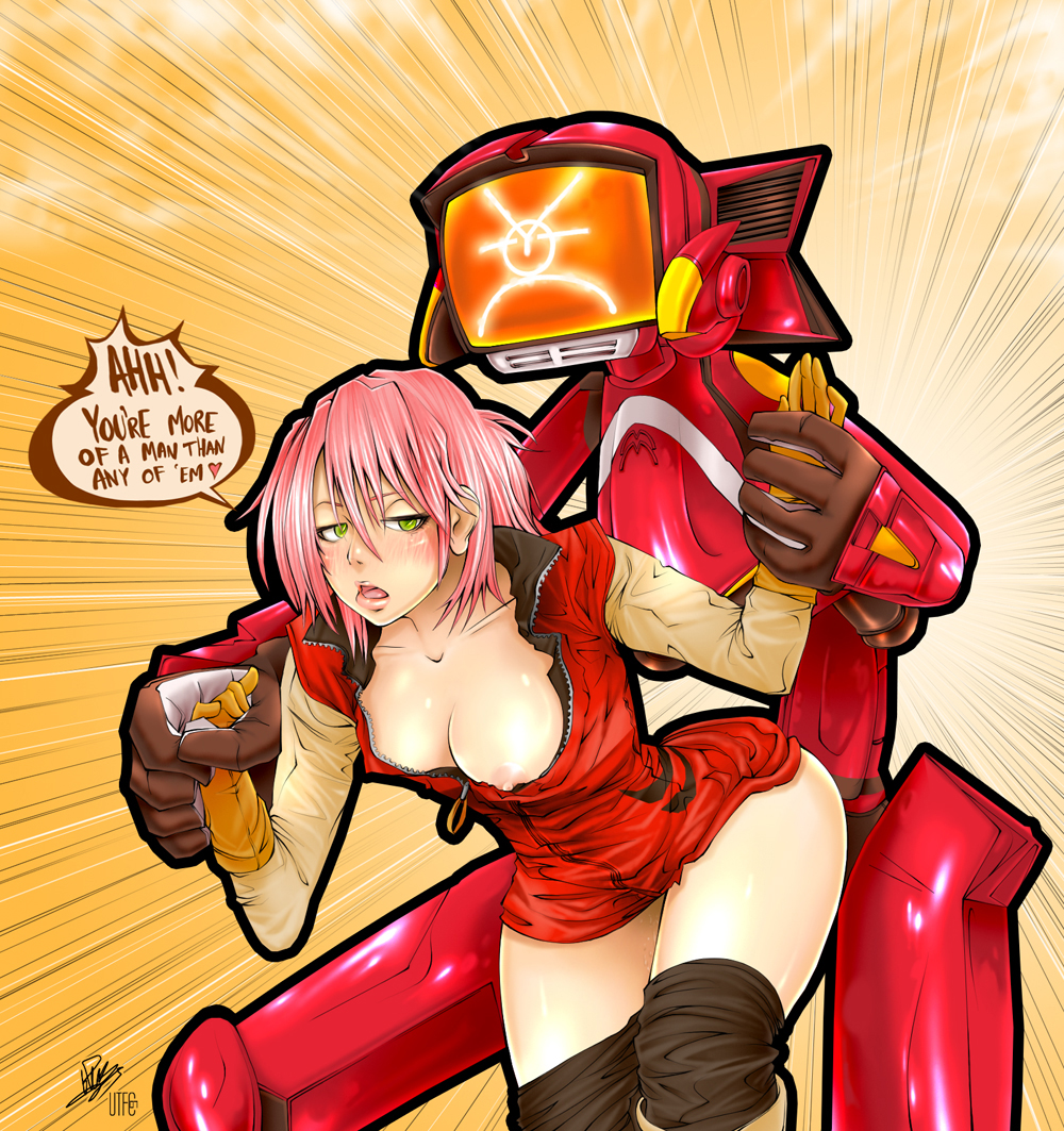 upon thou fair cat, canti, haruhara haruko, flcl, bad tag, english, hard-translated, third-party edit, translated, 1girl, bent over, biker clothes, bikesuit, blush, bodysuit, bottomless, breasts, cleavage, collarbone, doggystyle, down blouse, dress, gloves, green eyes, hair between eyes, holding another's wrist, holding hands, jitome, lips, looking at viewer, monster, nipple slip, nipples, no bra, open clothes, open mouth, open shirt, pink hair, pussy juice, robot, sex, sex from behind, shiny skin, short hair, signature, speed lines, standing, standing sex, thighs, undressing, unzipped, vaginal, zipper