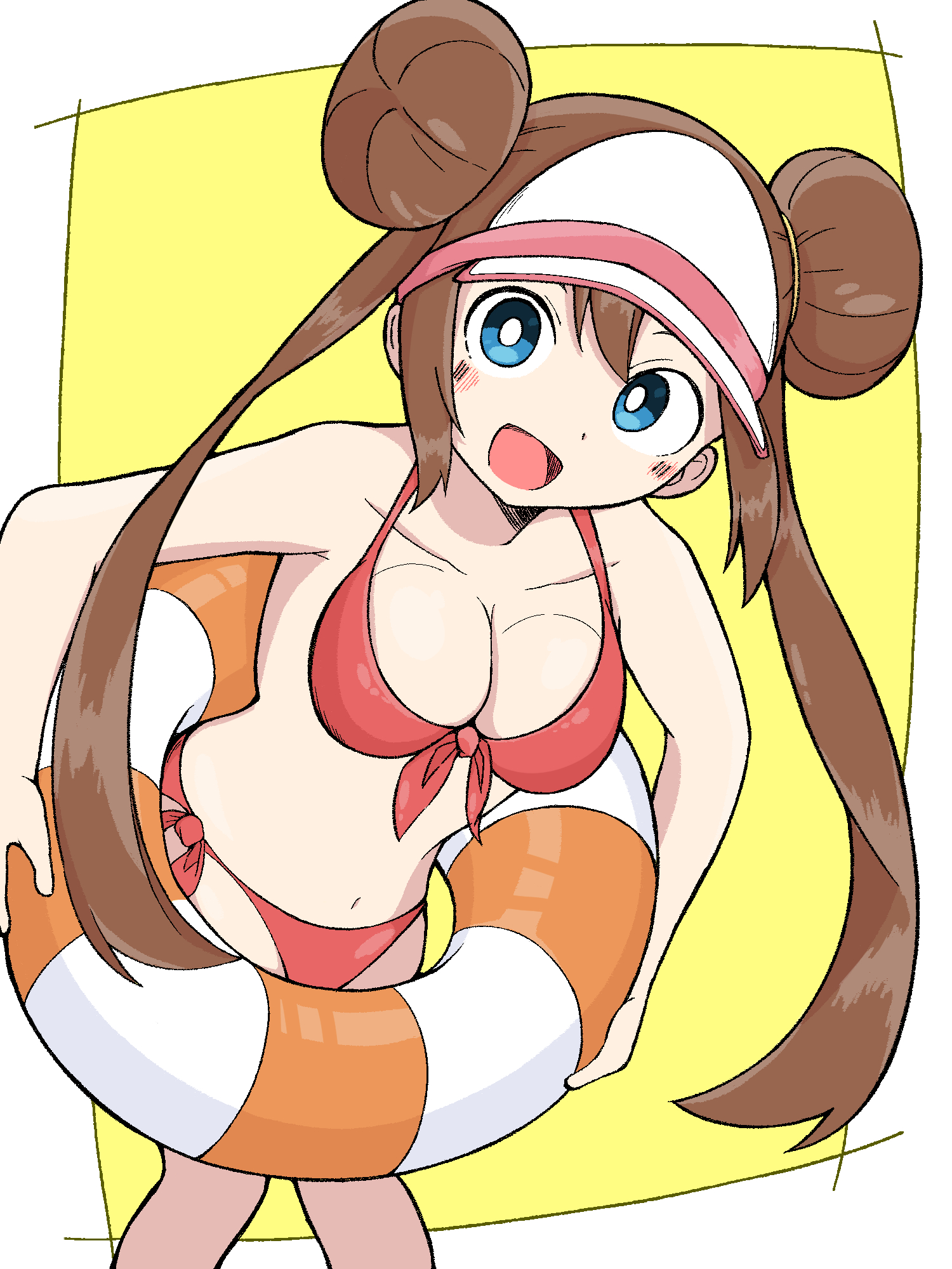 rosa (pokemon), nintendo, pokemon, pokemon bw2, commentary request, highres, 1girl, bikini, blue eyes, blush, border, breasts, bright pupils, brown hair, cleavage, double bun, hair bun, hat, long hair, navel, open mouth, red bikini, simple background, smile, solo, stomach, swim ring, swimsuit, twintails, user aaaf3585, visor cap, white border, white hat, white pupils, yellow background