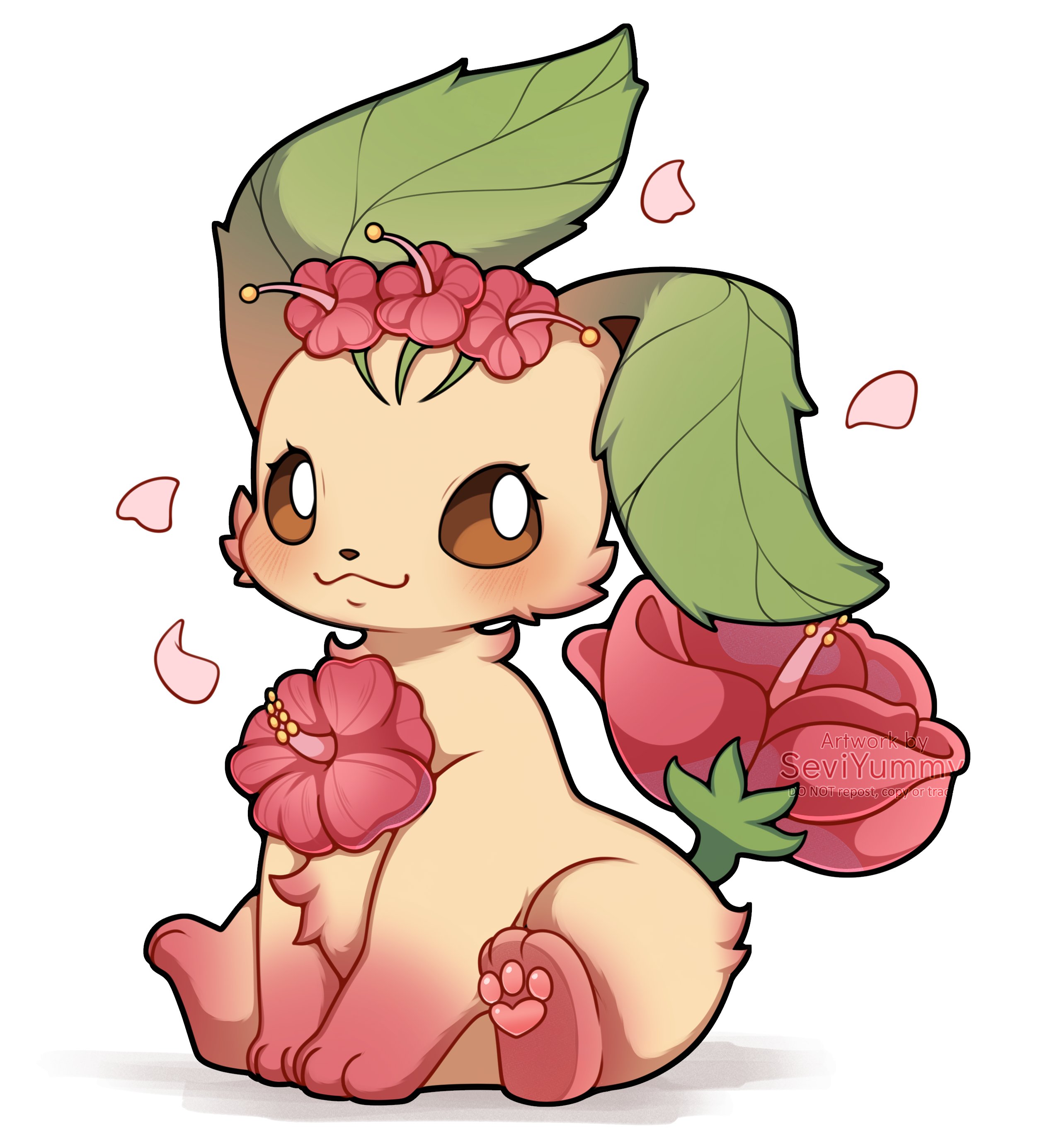 sevi (seviyummy), leafeon, nintendo, pokemon, absurdres, highres, animal focus, blush, brown eyes, brown fur, closed mouth, flower, full body, gen 4 pokemon, green fur, leaf, looking at viewer, no humans, petals, pokemon (creature), pokemon focus, simple background, smile, tail, white background, yellow fur