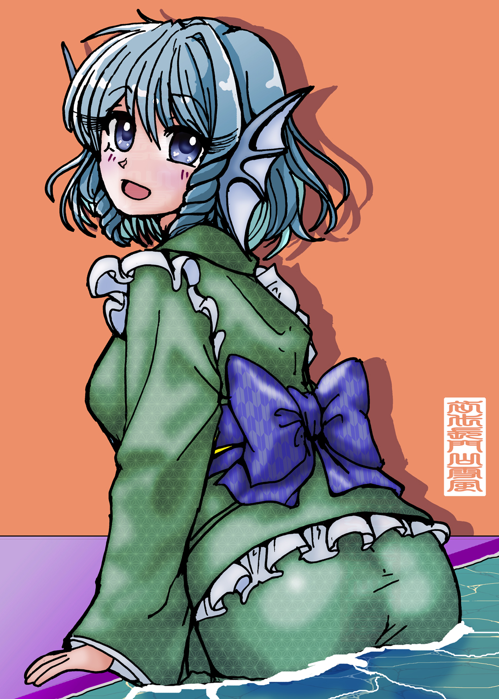 wakisaka dk, wakasagihime, touhou, commentary request, highres, mixed-language commentary, partial commentary, translation request, 1girl, ass, blue bow, blue eyes, blue hair, blue sash, bow, dress, drill hair, drill sidelocks, drop shadow, fins, floating hair, frilled dress, frills, from behind, green dress, head fins, layered dress, long sleeves, looking back, medium hair, mermaid, monster girl, obi, open mouth, orange background, partially submerged, pool, sash, sidelocks, simple background, smile, solo, unmoving pattern, water, wide sleeves
