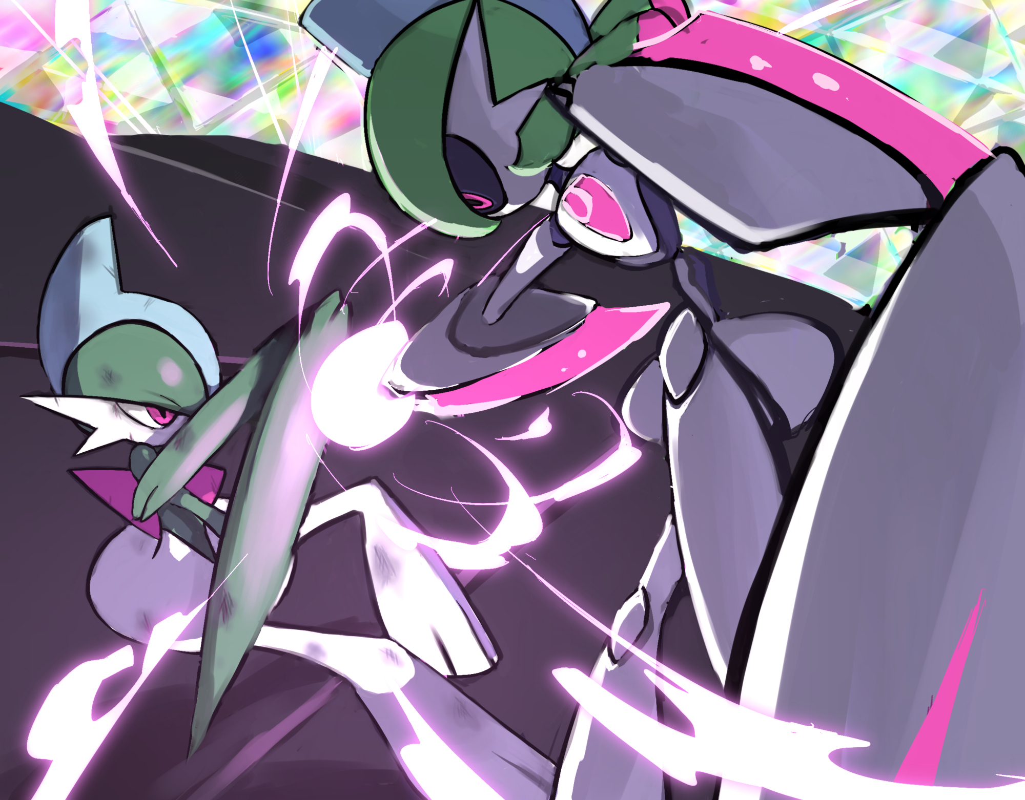 gallade, iron valiant, nintendo, pokemon, commentary request, highres, battle, black sclera, colored sclera, fighting, galladdddd, gen 4 pokemon, pink eyes, pokemon (creature), pokemon focus, robot