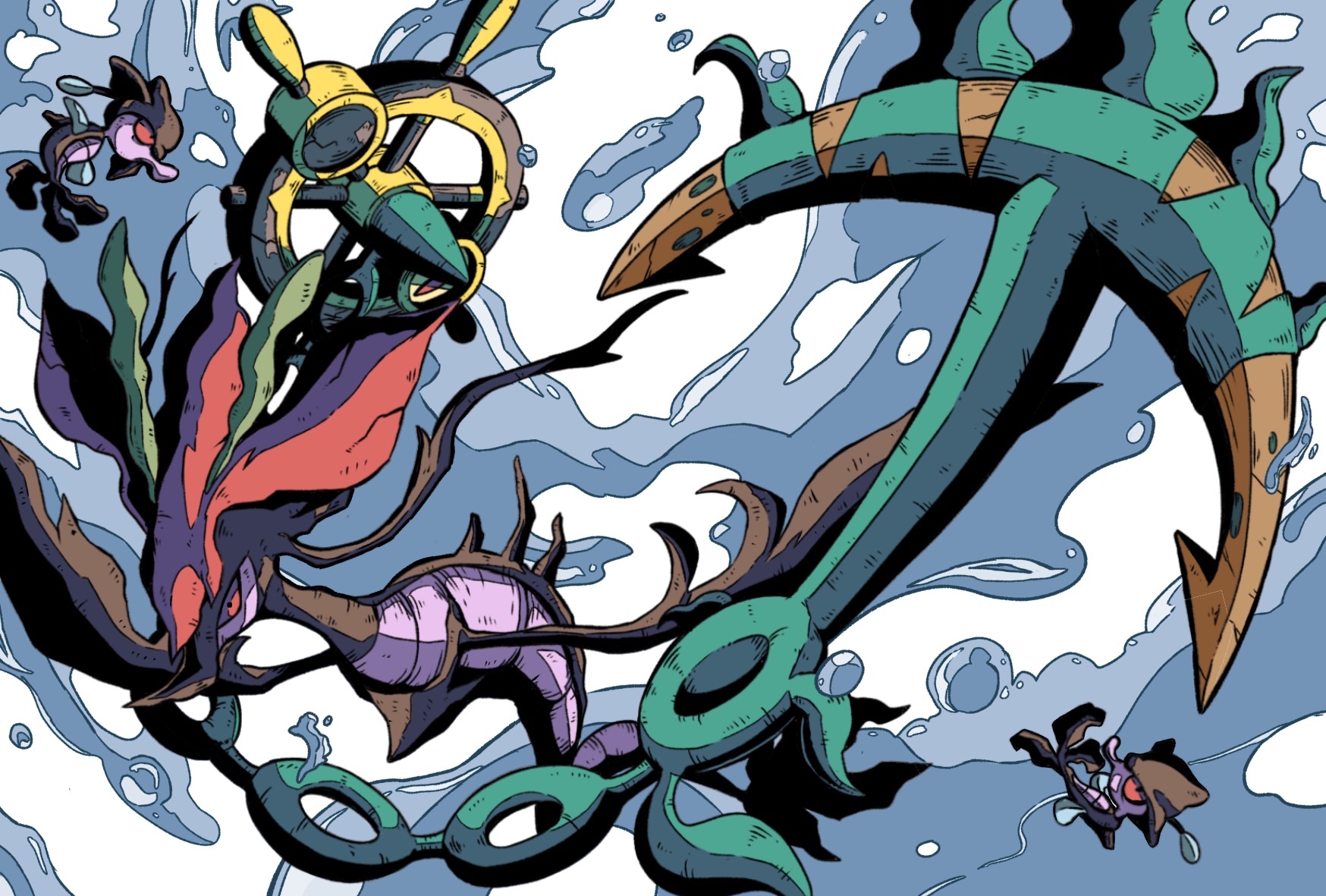 debudebumetabo, dhelmise, dragalge, skrelp, nintendo, pokemon, highres, anchor, colored sclera, fish, gen 6 pokemon, gen 7 pokemon, leafy seadragon, no humans, pokemon (creature), pokemon focus, red eyes, red sclera, seahorse, ship's wheel, water
