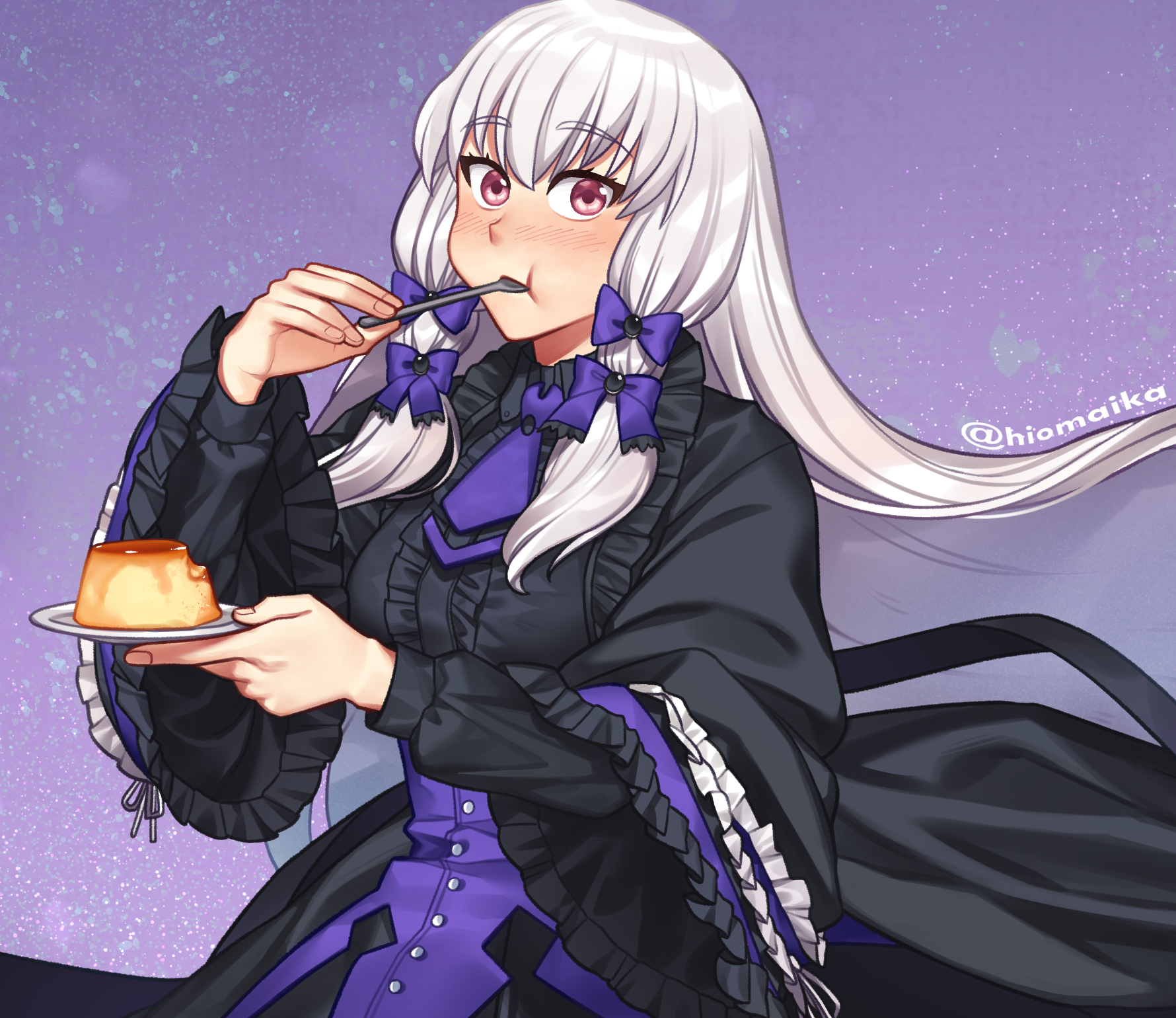 shg (hiomaika), lysithea von ordelia, fire emblem, fire emblem: three houses, nintendo, commission, highres, 1girl, black dress, dress, food, holding, holding plate, holding spoon, long hair, looking at viewer, pink eyes, plate, pudding, purple dress, solo, spoon, utensil in mouth, white hair