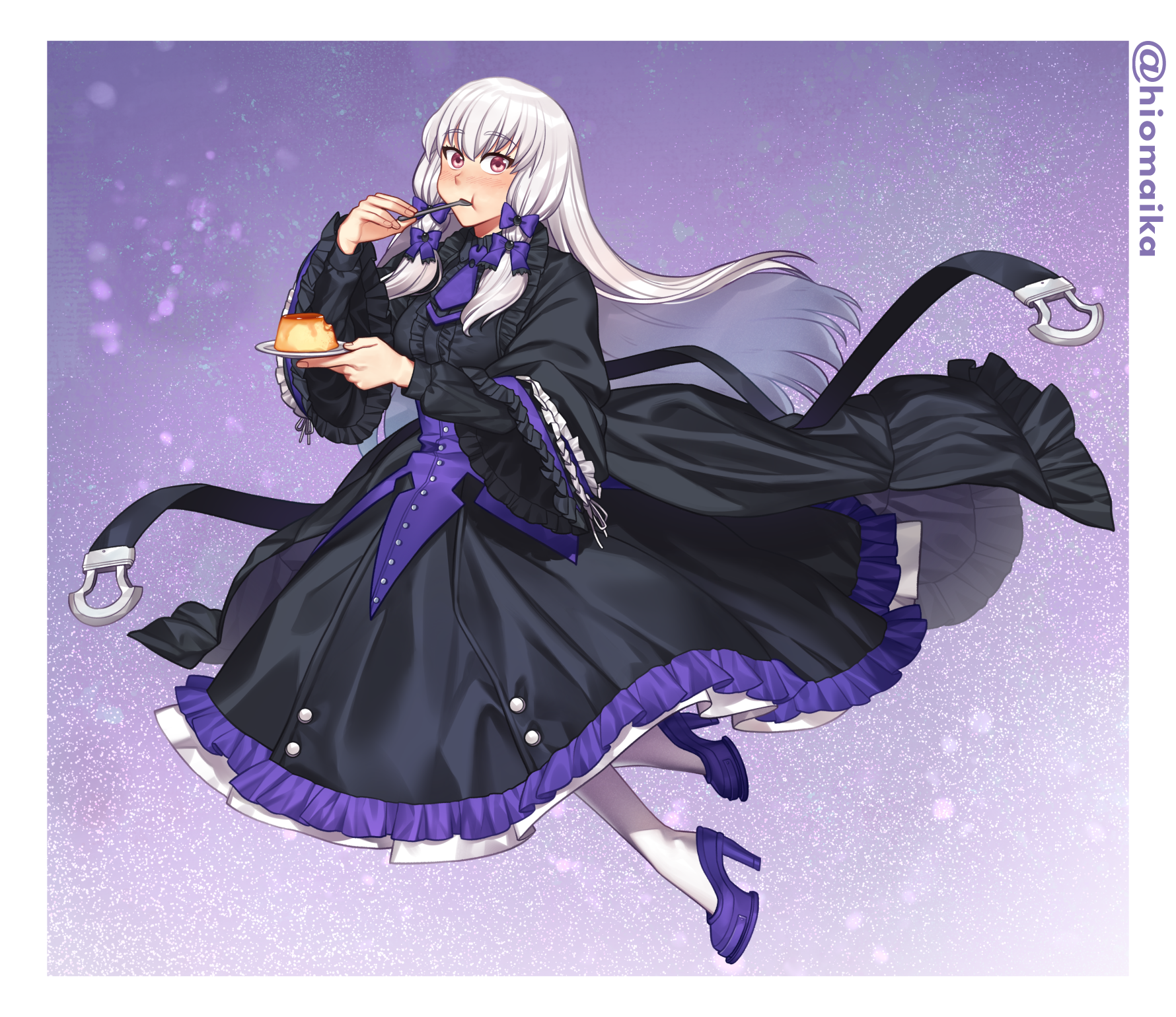 shg (hiomaika), lysithea von ordelia, fire emblem, fire emblem: three houses, nintendo, commission, highres, 1girl, black dress, dress, food, high heels, holding, holding plate, holding spoon, long hair, looking at viewer, pink eyes, plate, pudding, purple dress, solo, spoon, utensil in mouth, white hair
