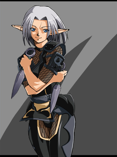 elvaan, ninja (final fantasy), final fantasy, final fantasy xi, silver hair, 00s, 1girl, blue eyes, elf, female focus, fishnets, ninja, pointy ears, short hair, solo