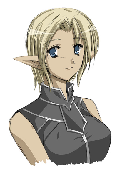 elvaan, final fantasy, final fantasy xi, 00s, 1girl, blonde hair, blue eyes, breasts, elf, female focus, pointy ears, short hair, simple background, solo