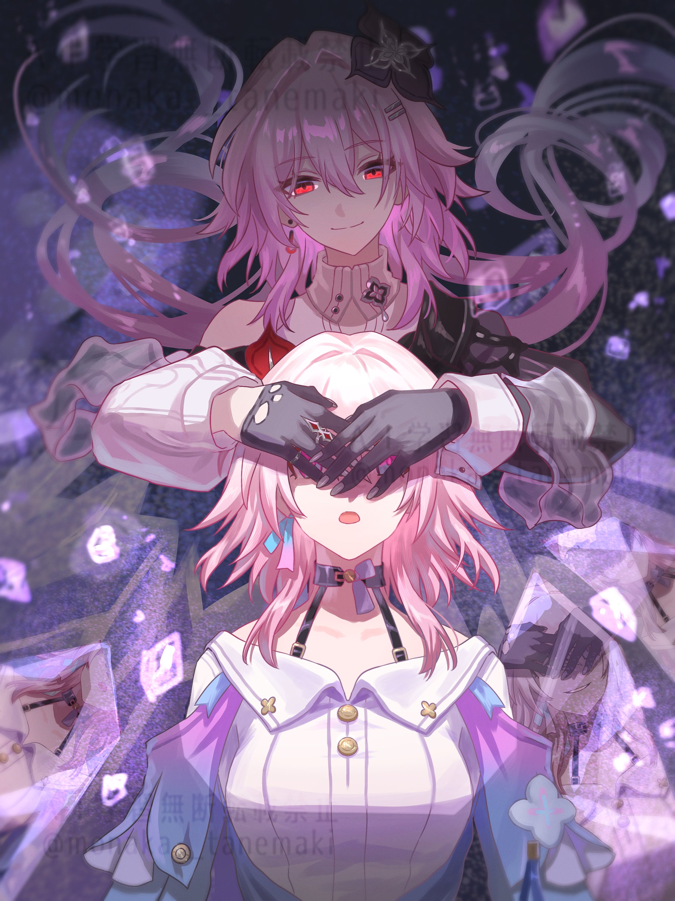 tanemaki monaka, evernight (honkai: star rail), march 7th (honkai: star rail), march 7th (preservation) (honkai: star rail), honkai: star rail, honkai (series), absurdres, commentary request, highres, 2girls, bare shoulders, black gloves, breasts, covering another's eyes, dual persona, earrings, flower, gloves, hair flower, hair ornament, jewelry, long hair, medium breasts, medium hair, multiple girls, pink hair, red eyes, shirt, smile, very long hair, white shirt