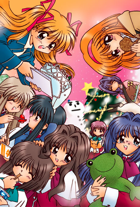 amano mishio, kawasumi mai, kurata sayuri, minase akiko, minase nayuki, misaka kaori, misaka shiori, sawatari makoto, tsukimiya ayu, kanon, 6+girls, blonde hair, blue eyes, blue hair, brown hair, cake, christmas, food, fox, mishio amano, multiple girls, orange hair, pastry, purple hair, red eyes, snow, swatari makoto, taiyaki, wagashi