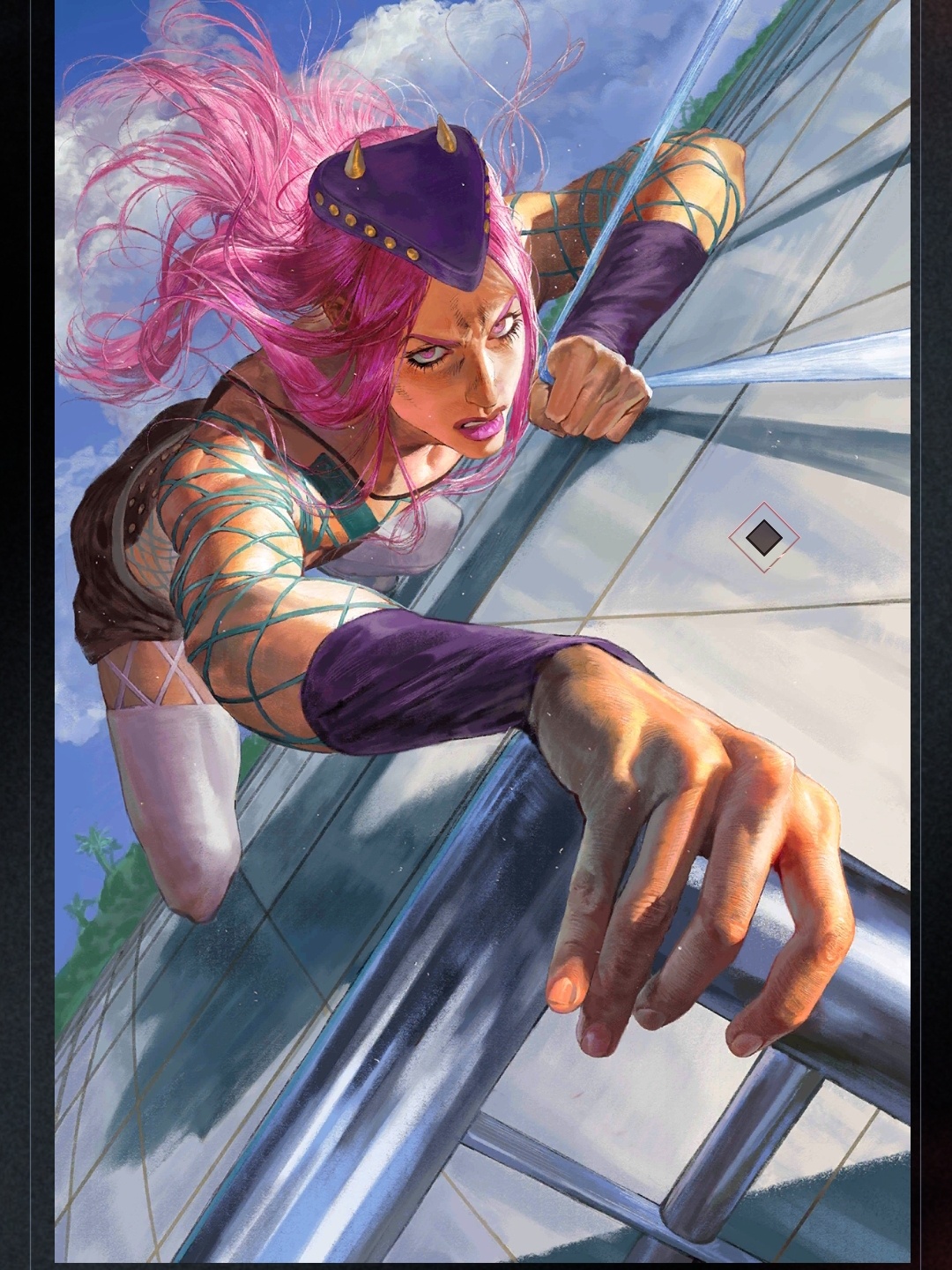 tudou estor, narciso anasui, jojo no kimyou na bouken, highres, 1boy, blue sky, brown skirt, climbing, cloud, cloudy sky, day, fake horns, fishnet top, fishnets, floating hair, foreshortening, hat, horned headwear, horns, long hair, looking at viewer, makeup, male focus, miniskirt, outdoors, parted lips, perspective, pink eyes, pink hair, pink lips, purple hat, realistic, shorts, skirt, sky, solo, string, teeth, thighhighs, tree, white thighhighs, wristband