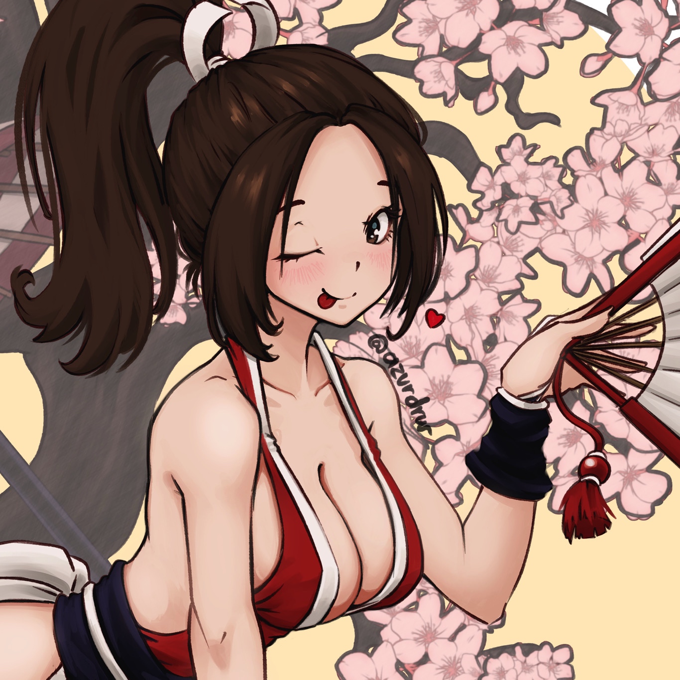 azurdraws, shiranui mai, the king of fighters, commentary request, highres, 1girl, ;p, blush, breasts, cherry blossoms, cleavage, eyelashes, flower, hand fan, heart, holding, holding fan, one eye closed, pink flower, revealing clothes, smile, solo, spanish commentary, tongue, tongue out, tree, upper body