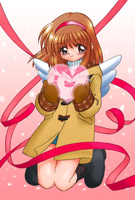 tsukimiya ayu, kanon, 1girl, blunt bangs, boots, brown eyes, brown hair, coat, gloves, hairband, heart, mittens, pink eyes, ribbon, shorts, wings