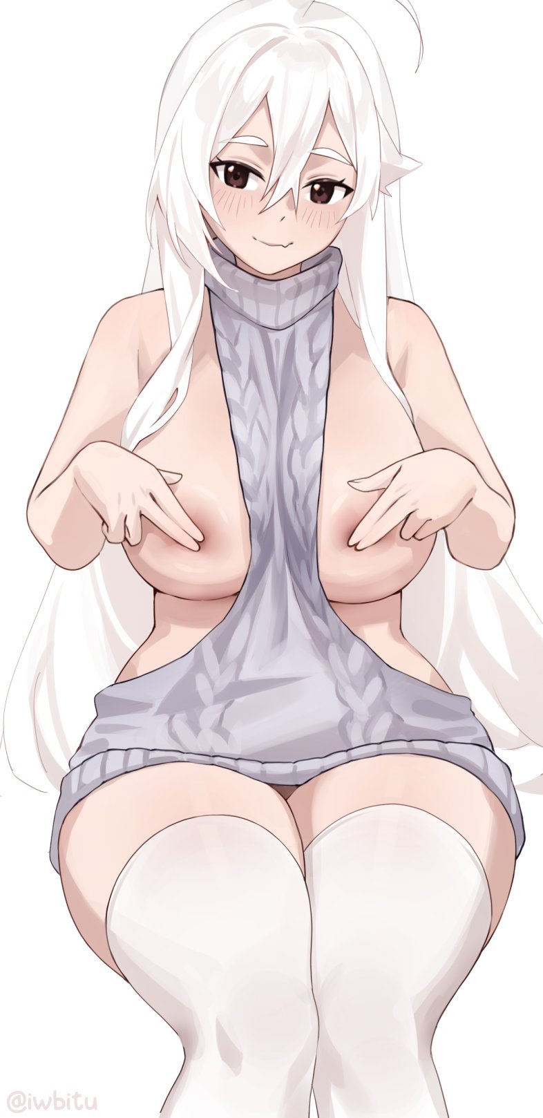 iwbitu, nyopu, original, commentary, highres, symbol-only commentary, 1girl, ahoge, areola slip, artist name, bare arms, bare shoulders, between breasts, breasts, brown eyes, cable knit, clothes between breasts, covering nipples, covering privates, dress, fang, fang out, grey sweater, hair between eyes, head tilt, huge breasts, light blush, long hair, looking at viewer, simple background, sitting, skin fang, smile, solo, sweater, sweater dress, thighhighs, turtleneck, turtleneck sweater, twitter username, very long hair, virgin killer sweater, white background, white hair, white thighhighs