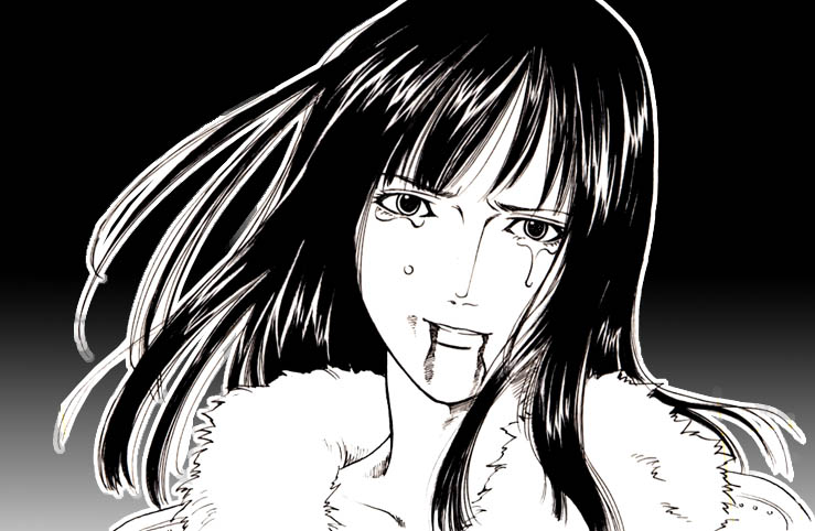 chabudai (chabu), nico robin, nico robin (alabasta), death note, one piece, 1girl, black hair, blood, blunt bangs, coat, crying, crying with eyes open, female focus, fur trim, greyscale, long hair, monochrome, parody, solo, tears