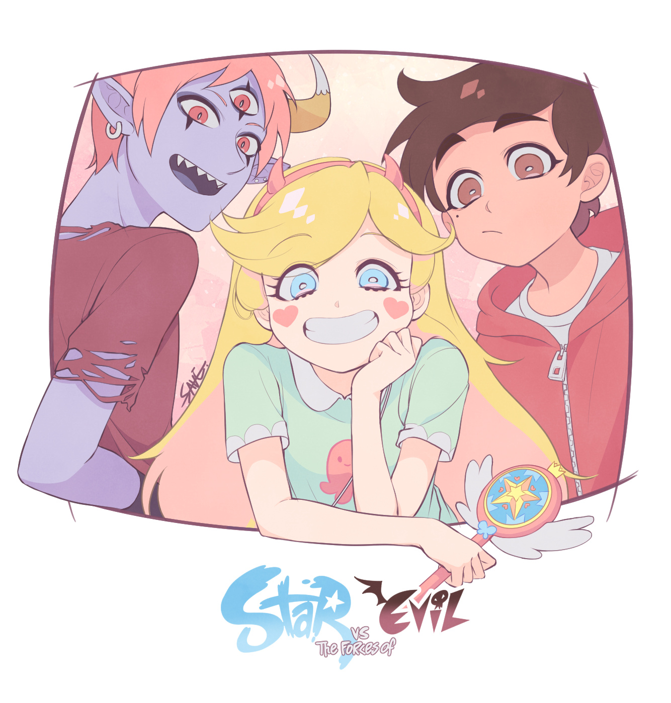 save (naita aooni), marco diaz, star butterfly, tom lucitor, star vs the forces of evil, highres, 2boys, blonde hair, blue eyes, brown hair, colored skin, facial mark, fake horns, hairband, heart, heart cheeks, heart facial mark, holding, hood, hoodie, horns, long hair, marking on cheek, mole, mole under eye, multiple boys, open mouth, purple skin, red hoodie, royal magic wand (svtfoe), shirt, smile, winged wand
