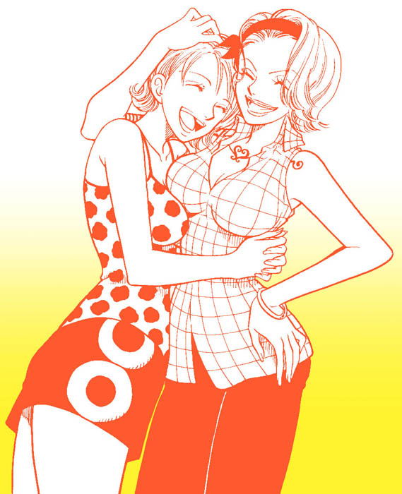 chabudai (chabu), nami (one piece), nami (one piece) (arlong park), nojiko (one piece), one piece, 2girls, bracelet, breasts, cleavage, closed eyes, conomi islands, east blue, family, female focus, gradient background, hairband, hand on own hip, happy, hug, jewelry, laughing, multiple girls, plaid clothes, plaid shirt, shirt, short hair, siblings, sisters, skirt, sleeveless, smile, tattoo